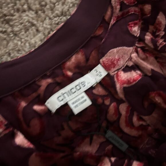 Chico’s Velvet Burnout Blouson Sleeve Button Up Blouse Top Sheer Sz L Relaxed - Picture 3 of 12